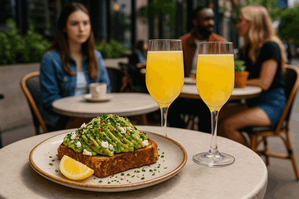 Fresh avocado toast with a lemon wedge and two glasses of mimosa on an outdoor café table at SoCo Cottage, perfect for brunch or relaxing social gatherings.