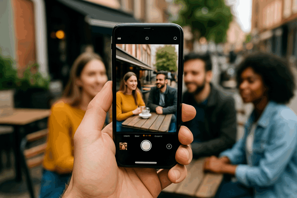 Stylish outdoor café scene captured on a smartphone, featuring happy friends enjoying drinks in a trendy neighborhood, emphasizing social gatherings and urban relaxation at SoCo Cottage.