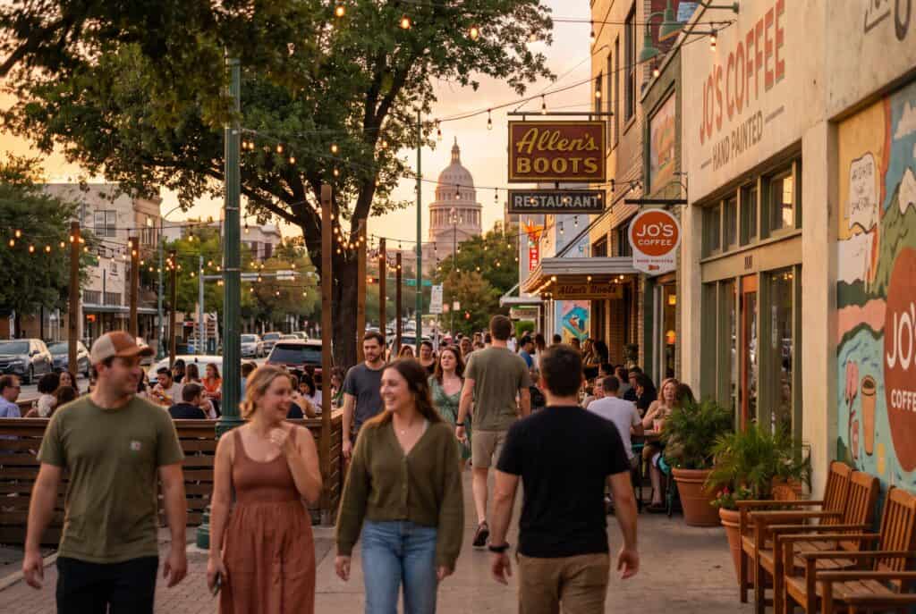 Pedestrians walking down South Congress Avenue at golden hour with the Allen's Boots sign and Texas Capitol in the distance