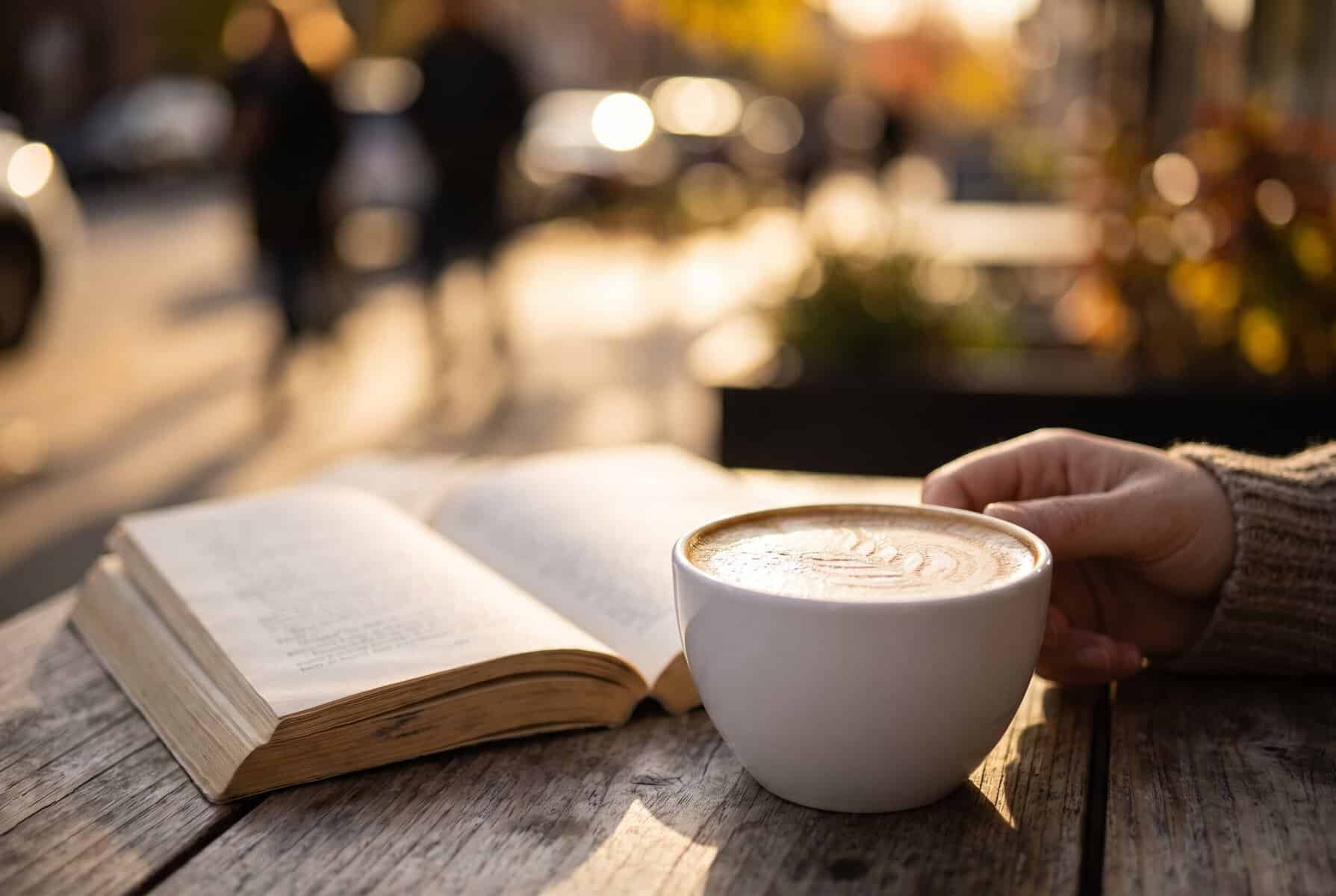 A latte on a sunlit wooden table beside an open book at a South Congress coffee shop patio