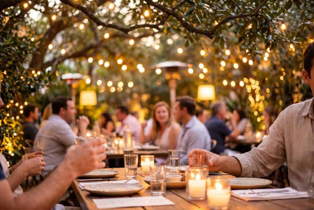 Diners at a South Congress restaurant patio lit by string lights and candles under live oak trees