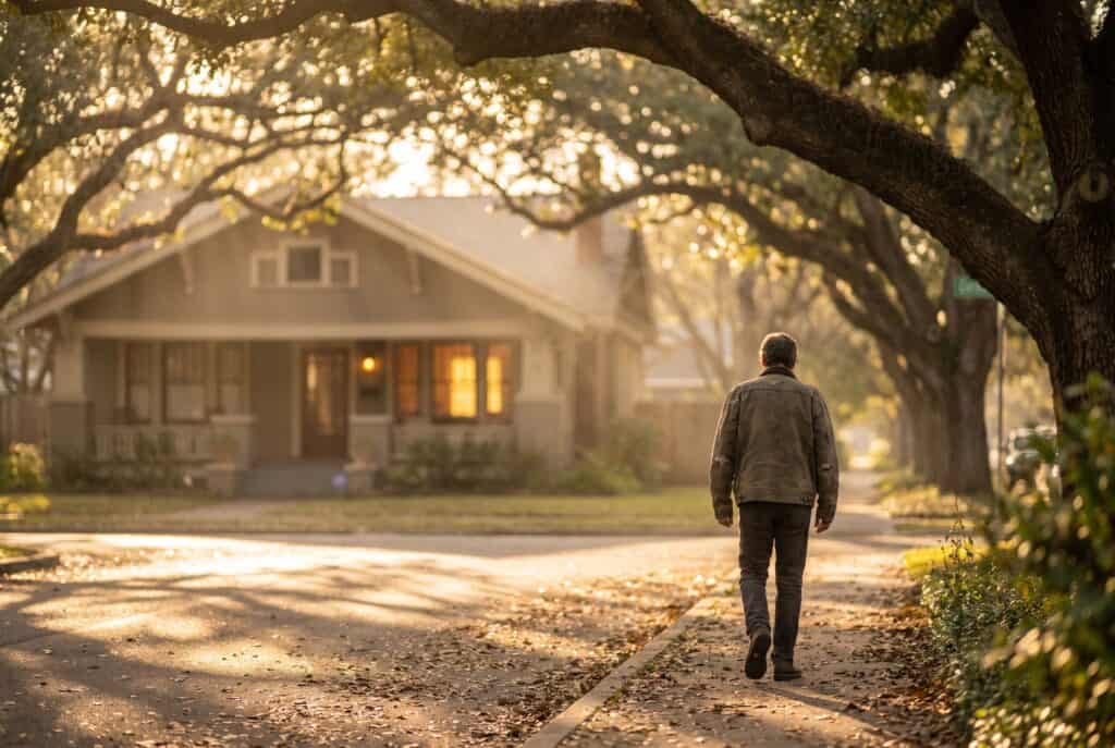 A tree-lined Travis Heights street with a Craftsman bungalow glowing at dusk