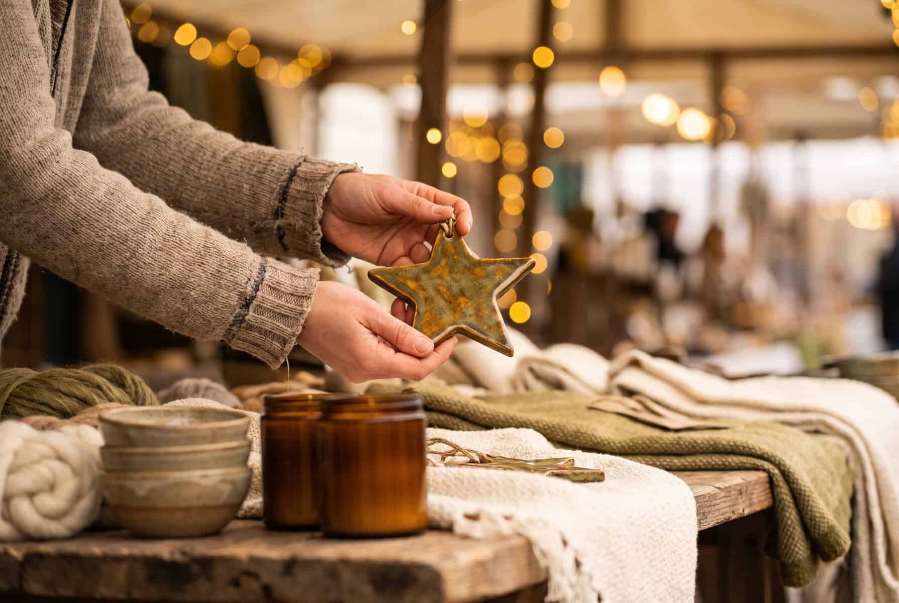 Things to Do in Austin in December (Holiday Guide) Shopper holding a ceramic star ornament at a holiday artisan market stall