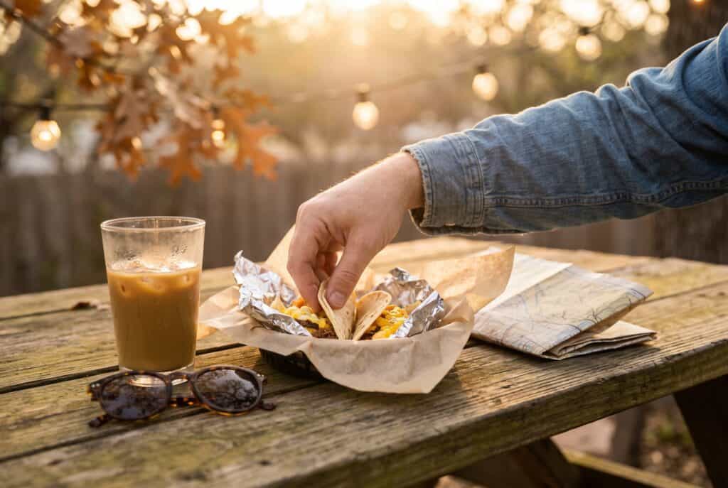 Hand reaching for a breakfast taco beside an iced coffee and folded map on a patio table