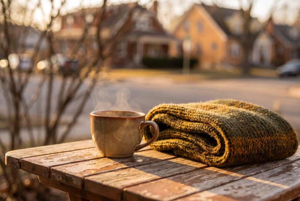 Things to Do in Austin in January (Quiet-Season Guide) Steaming coffee cup and folded wool scarf on a wooden table on a sunny winter morning