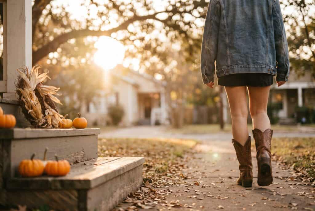 Things to Do in Austin in October (ACL, F1 & Fall) Person in a denim jacket and cowboy boots walking down a leafy Austin sidewalk past a porch with pumpkins on an October afternoon