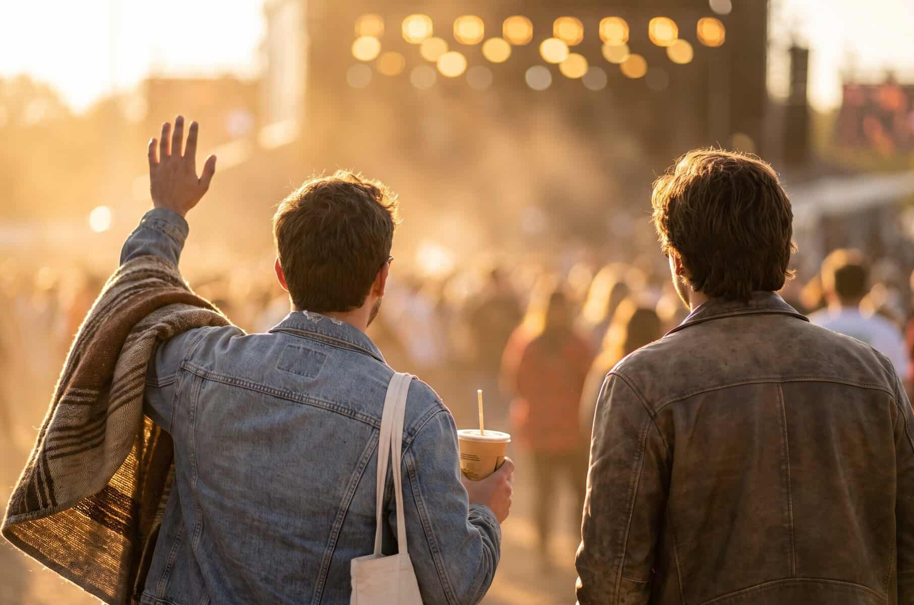 Things to Do in Austin in October (ACL, F1 & Fall) Two friends in jackets walking into a crowded outdoor music festival at golden hour