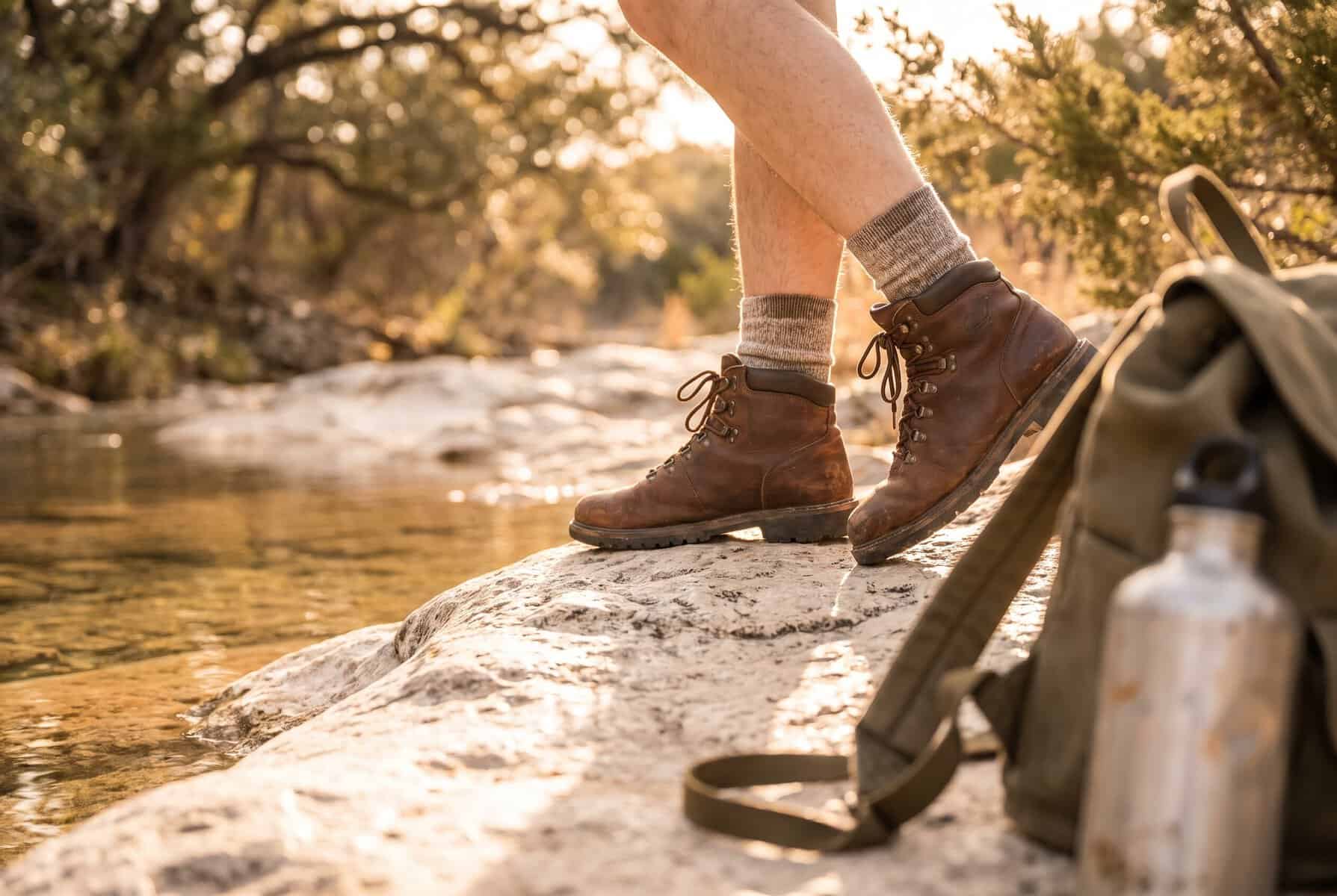 Free Things to Do in Austin (That Locals Actually Do) Hiker in boots stepping across a limestone creek bed beside a backpack and water bottle