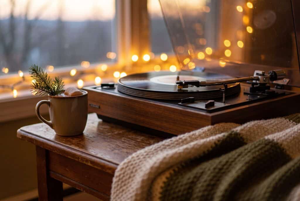 Things to Do in Austin in December (Holiday Guide) Record player, mug of hot cocoa and knit blanket by a window strung with holiday lights