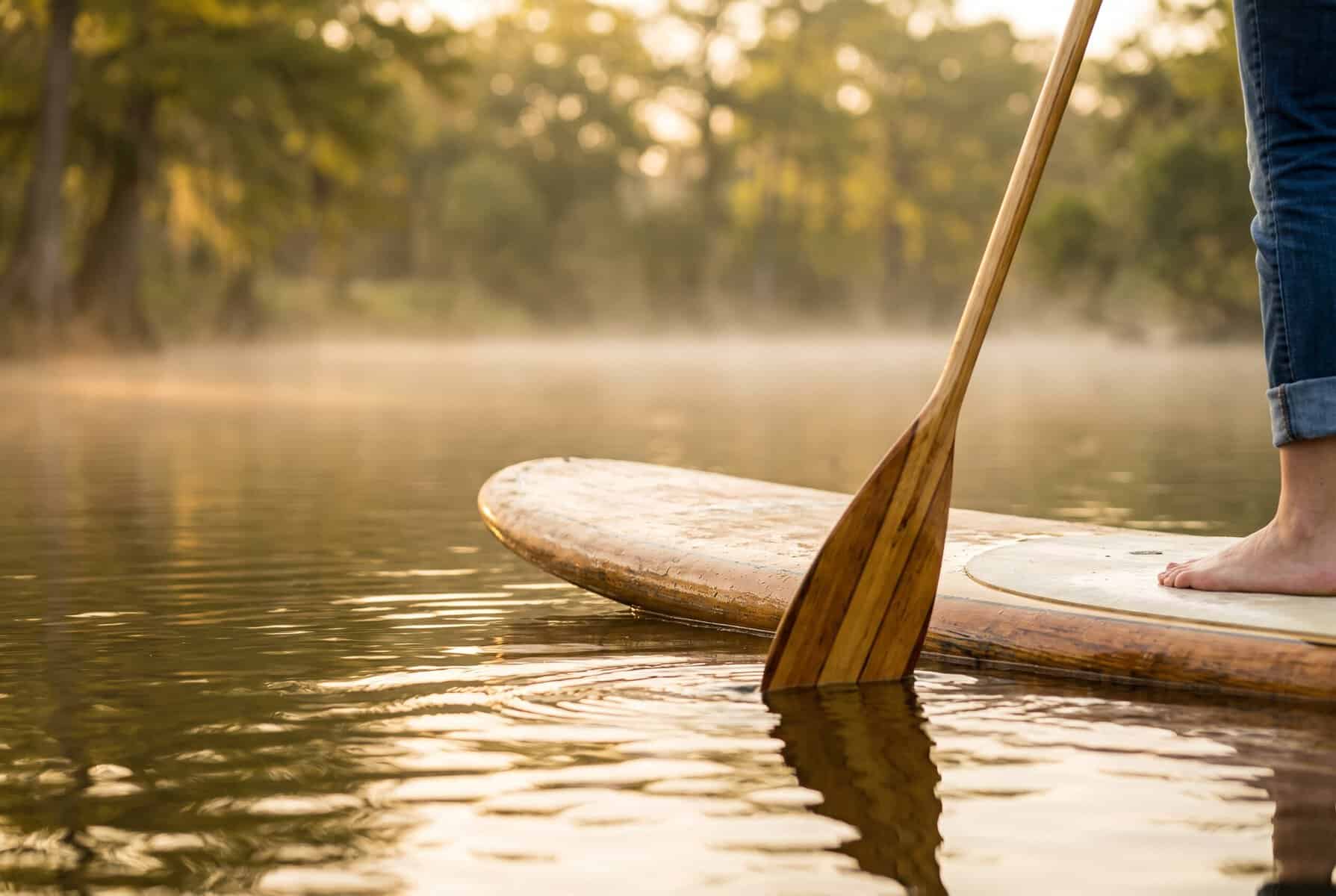 Things to Do in Austin in October (ACL, F1 & Fall) Paddleboard and wooden paddle on calm water in soft morning haze